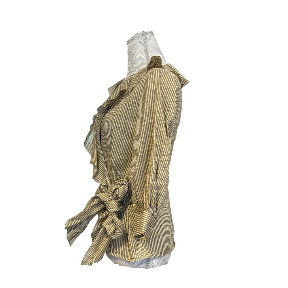 Vintage 90s Metallic Gold Stripe Wrap Blouse Ruffle Collar Bishop Sleeve Size 4 - Picture 4 of 14